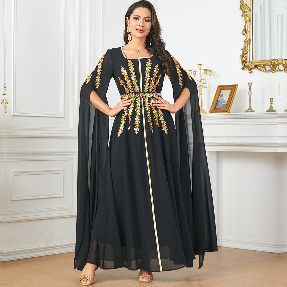 Fashion Evening Dress Arabic Women's Long Robe Extra Long Sleeve Muslim Dress