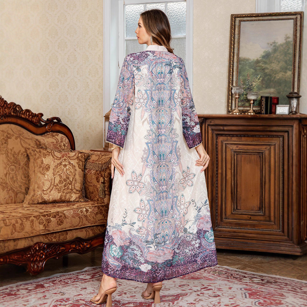 Printed Middle Eastern Dress Muslim Women's Fashion Dubai Long Dress Abaya Embroidered Robe