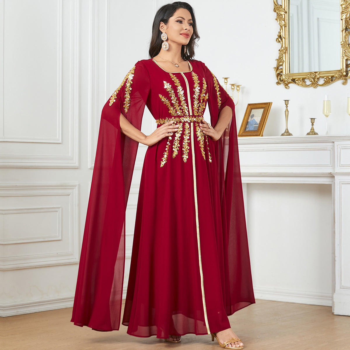Fashion Evening Dress Arabic Women's Long Robe Extra Long Sleeve Muslim Dress