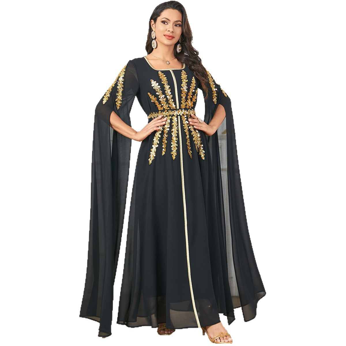 Fashion Evening Dress Arabic Women's Long Robe Extra Long Sleeve Muslim Dress