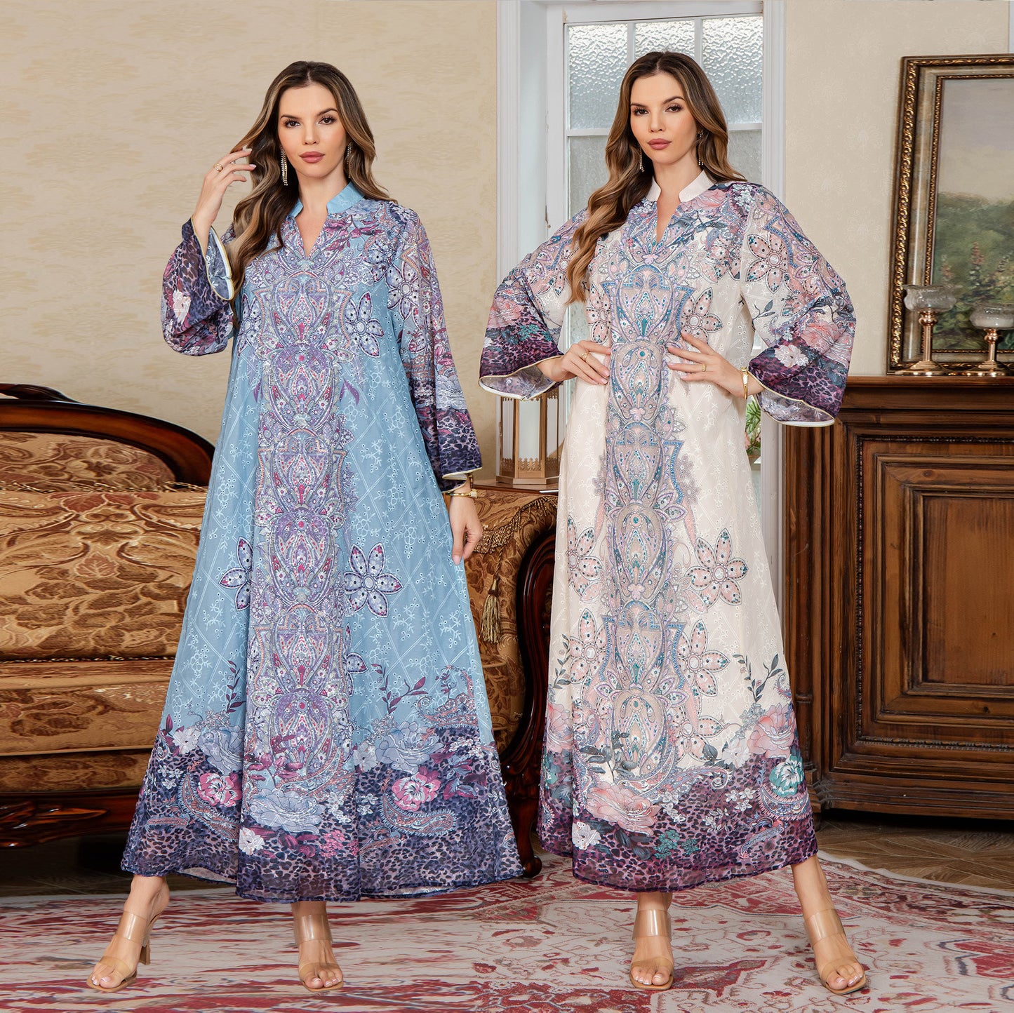 Printed Middle Eastern Dress Muslim Women's Fashion Dubai Long Dress Abaya Embroidered Robe