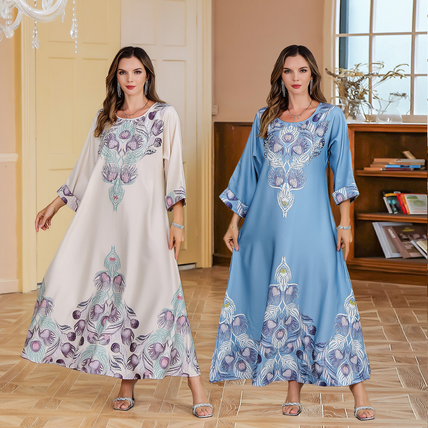 Muslim Rhinestone Printed Long Robe Women's Elegant Middle Eastern Dress Dubai Turkish Abaya Long Dress