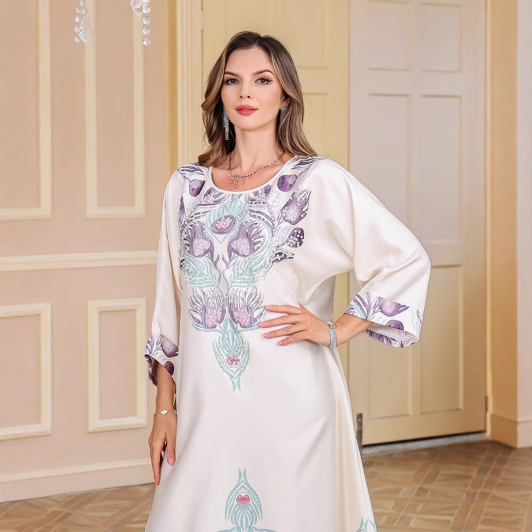 Muslim Rhinestone Printed Long Robe Women's Elegant Middle Eastern Dress Dubai Turkish Abaya Long Dress