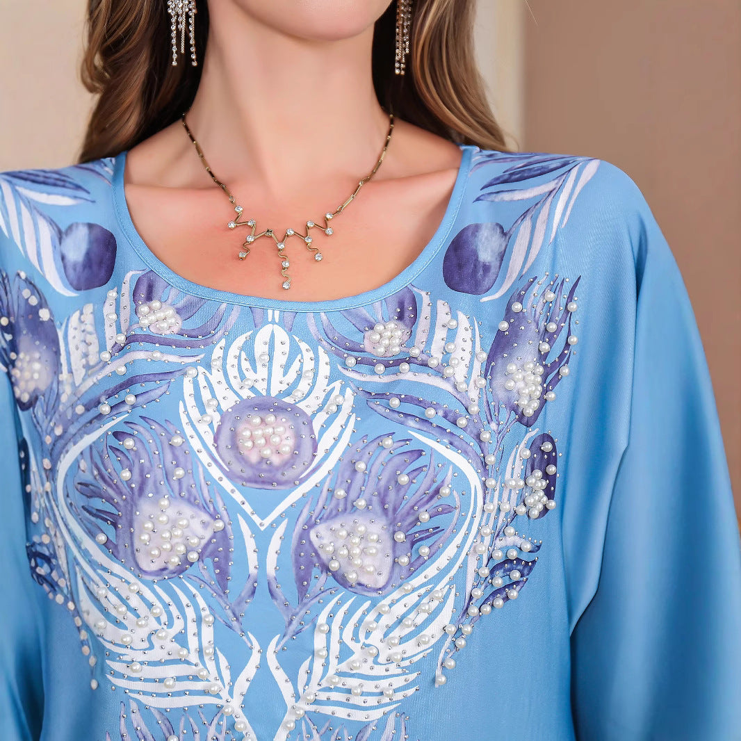 Muslim Rhinestone Printed Long Robe Women's Elegant Middle Eastern Dress Dubai Turkish Abaya Long Dress