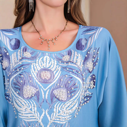 Muslim Rhinestone Printed Long Robe Women's Elegant Middle Eastern Dress Dubai Turkish Abaya Long Dress