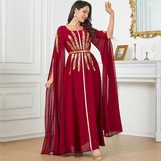 Fashion Evening Dress Arabic Women's Long Robe Extra Long Sleeve Muslim Dress