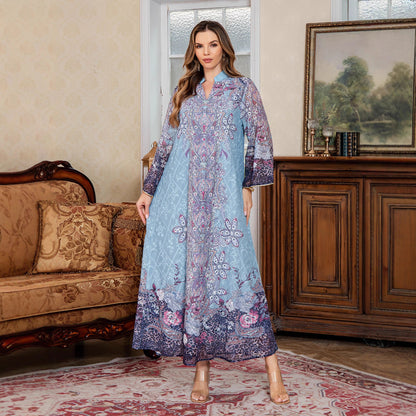 Printed Middle Eastern Dress Muslim Women's Fashion Dubai Long Dress Abaya Embroidered Robe