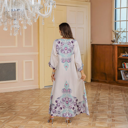 Muslim Rhinestone Printed Long Robe Women's Elegant Middle Eastern Dress Dubai Turkish Abaya Long Dress