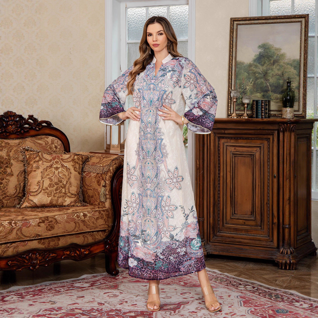 Printed Middle Eastern Dress Muslim Women's Fashion Dubai Long Dress Abaya Embroidered Robe
