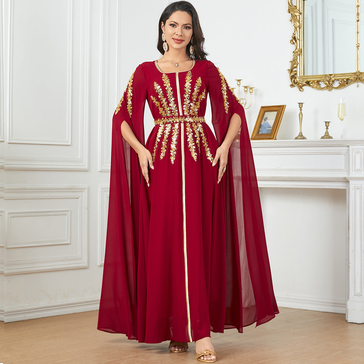 Fashion Evening Dress Arabic Women's Long Robe Extra Long Sleeve Muslim Dress