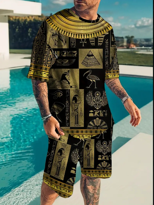 Men's Egyptian Printed Short Sleeve T-shirt And Shorts.2pcs,