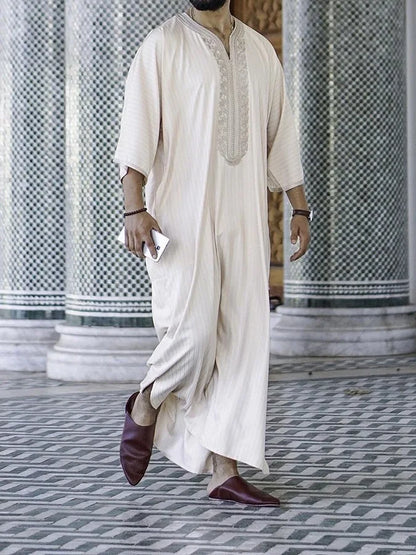 2024 Islamic Clothing For Men Ethnic Loose-fitting Casual Embroidered White Muslim Robe Arabic Kaftan Eid Ramadan Prayer Dress