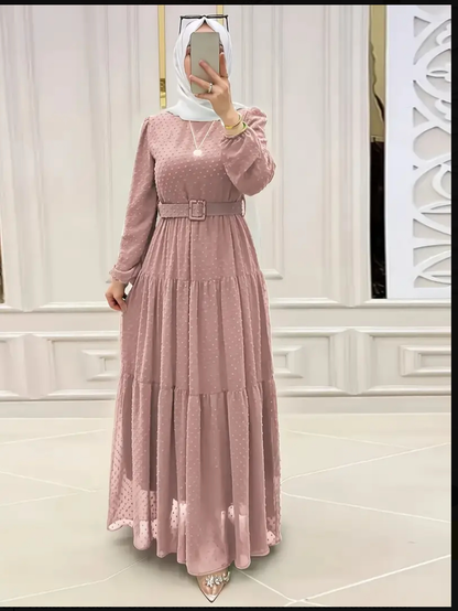 Elegant Middle Eastern-Inspired Long-Sleeve Lace-Up Waist Dress Soft Pink