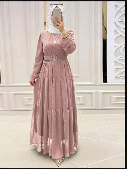 Elegant Middle Eastern-Inspired Long-Sleeve Lace-Up Waist Dress Soft Pink