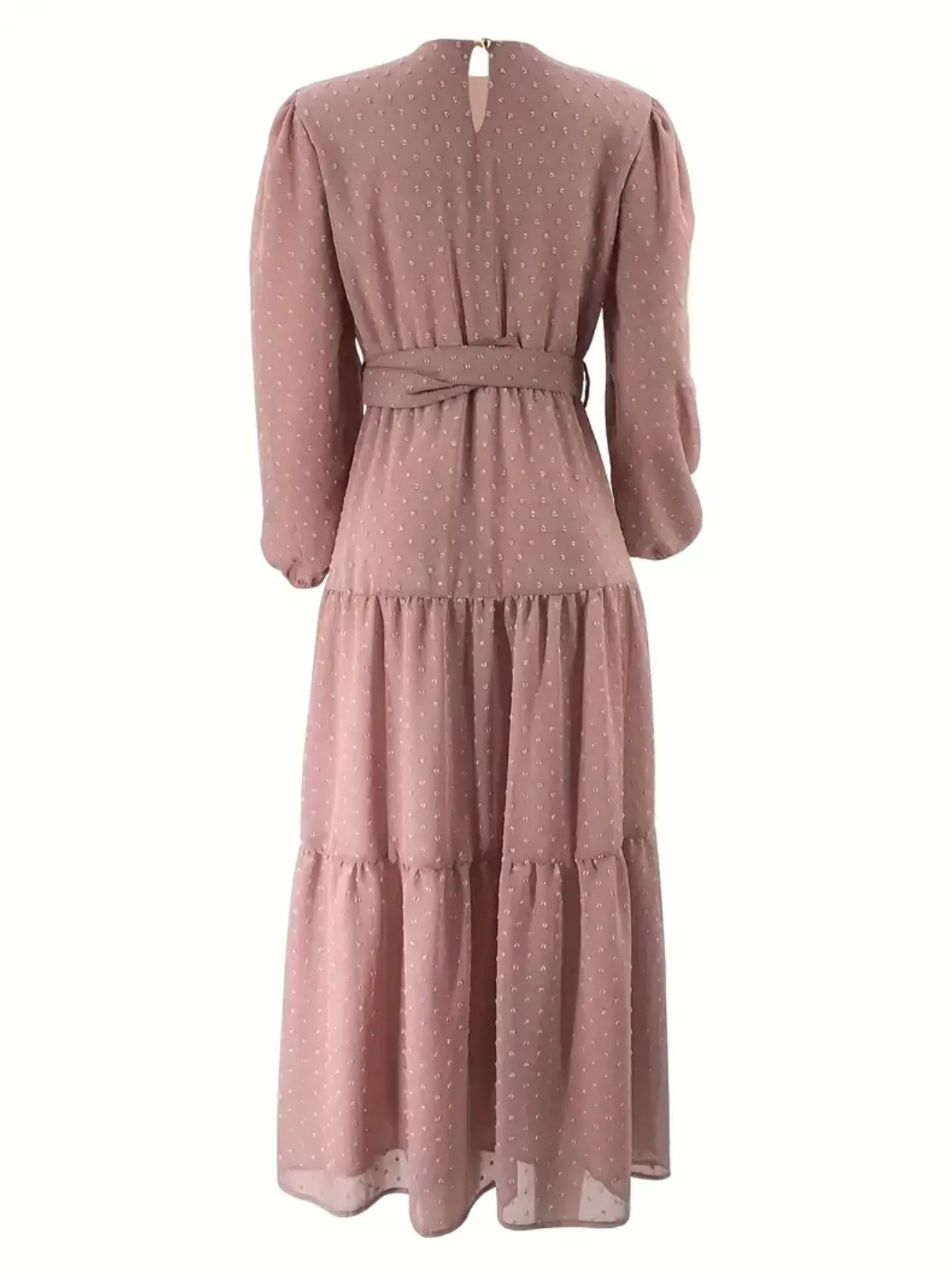 Elegant Middle Eastern-Inspired Long-Sleeve Lace-Up Waist Dress Soft Pink