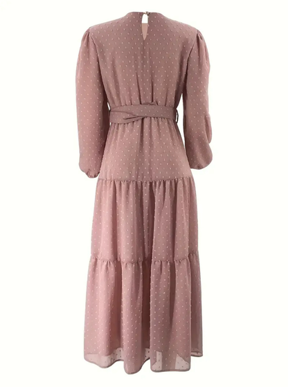 Elegant Middle Eastern-Inspired Long-Sleeve Lace-Up Waist Dress Soft Pink