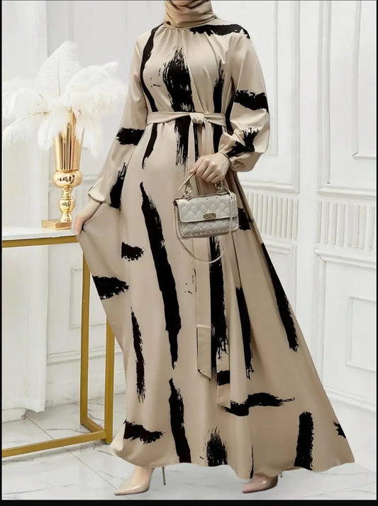 Elegant Beige & Black Ramadan Dress Long-Sleeve Modest Gown