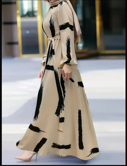 Elegant Beige & Black Ramadan Dress Long-Sleeve Modest Gown