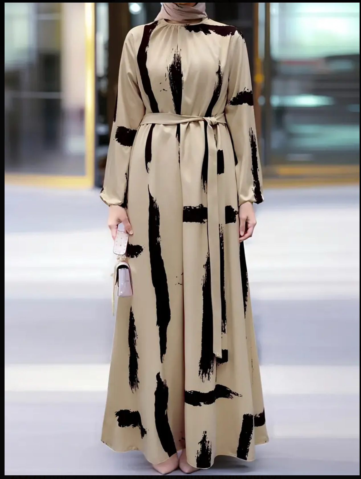 Elegant Beige & Black Ramadan Dress Long-Sleeve Modest Gown