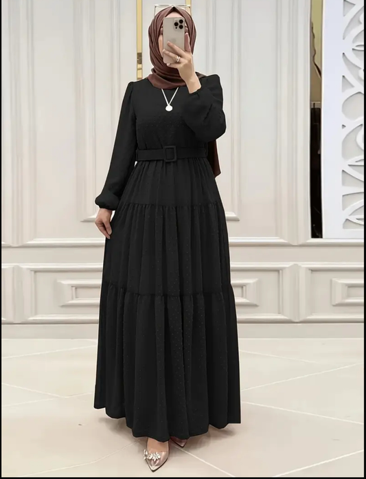 Elegant Pink Chiffon Midi Dress – Long Sleeve, Tie-Waist A-Line