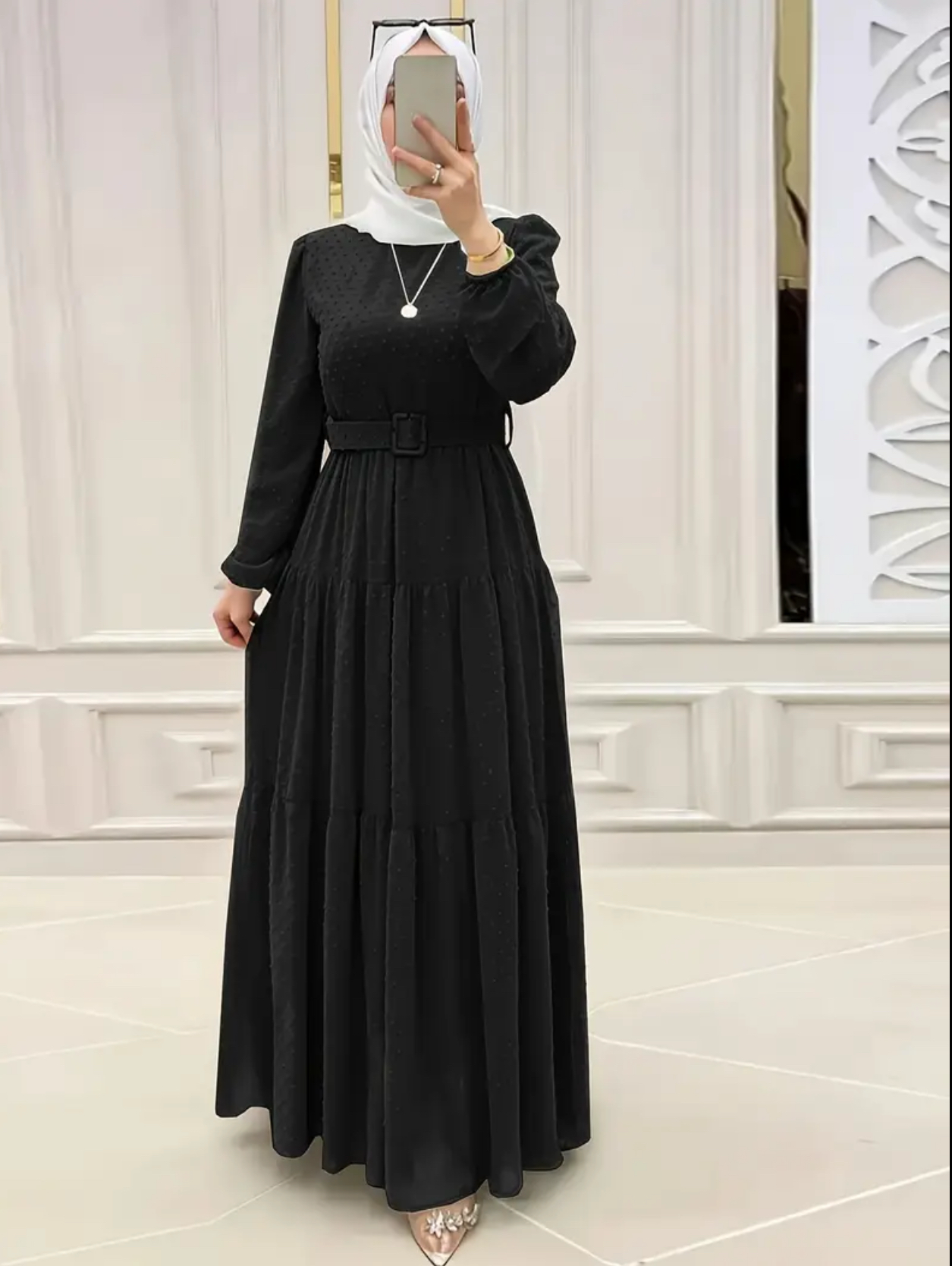 Elegant Pink Chiffon Midi Dress – Long Sleeve, Tie-Waist A-Line